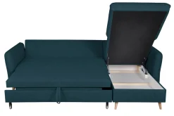 Canapé d'angle convertible réversible avec coffre 3-4 places en tissu bleu océan et bois clair DRISS