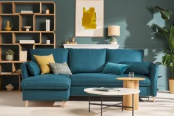 Canapé d'angle convertible réversible avec coffre 3-4 places en tissu bleu océan et bois clair DRISS