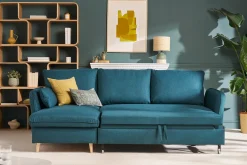 Canapé d'angle convertible réversible avec coffre 3-4 places en tissu bleu océan et bois clair DRISS