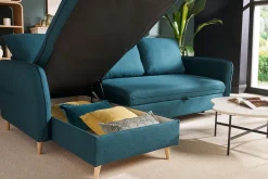 Canapé d'angle convertible réversible avec coffre 3-4 places en tissu bleu océan et bois clair DRISS