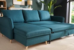 Canapé d'angle convertible réversible avec coffre 3-4 places en tissu bleu océan et bois clair DRISS
