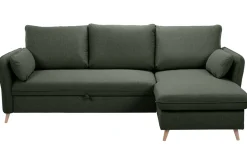 Canapé d'angle convertible réversible avec coffre 3-4 places en tissu vert kaki et bois clair DRISS