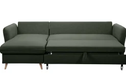 Canapé d'angle convertible réversible avec coffre 3-4 places en tissu vert kaki et bois clair DRISS