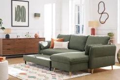 Canapé d'angle convertible réversible avec coffre 3-4 places en tissu vert kaki et bois clair DRISS
