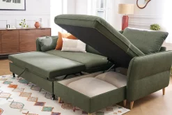 Canapé d'angle convertible réversible avec coffre 3-4 places en tissu vert kaki et bois clair DRISS