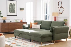 Canapé d'angle convertible réversible avec coffre 3-4 places en tissu vert kaki et bois clair DRISS