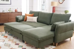 Canapé d'angle convertible réversible avec coffre 3-4 places en tissu vert kaki et bois clair DRISS
