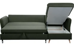 Canapé d'angle convertible réversible avec coffre 3-4 places en tissu vert kaki et bois clair DRISS