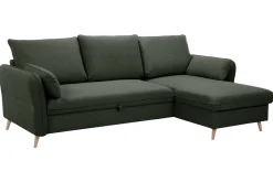 Canapé d'angle convertible réversible avec coffre 3-4 places en tissu vert kaki et bois clair DRISS