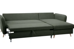 Canapé d'angle convertible réversible avec coffre 3-4 places en tissu vert kaki et bois clair DRISS
