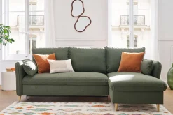 Canapé d'angle convertible réversible avec coffre 3-4 places en tissu vert kaki et bois clair DRISS