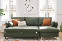 Canapé d'angle convertible réversible avec coffre 3-4 places en tissu vert kaki et bois clair DRISS