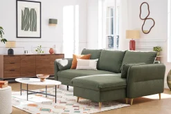 Canapé d'angle convertible réversible avec coffre 3-4 places en tissu vert kaki et bois clair DRISS