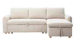 Canapé d'angle convertible réversible avec coffre 3 places en tissu velours côtelé beige et bois clair ORSO