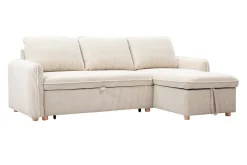 Canapé d'angle convertible réversible avec coffre 3 places en tissu velours côtelé beige et bois clair ORSO