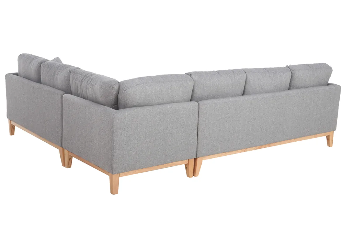 Canapé d'angle déhoussable scandinave 5-6 places en tissu gris clair et bois clair OSLO