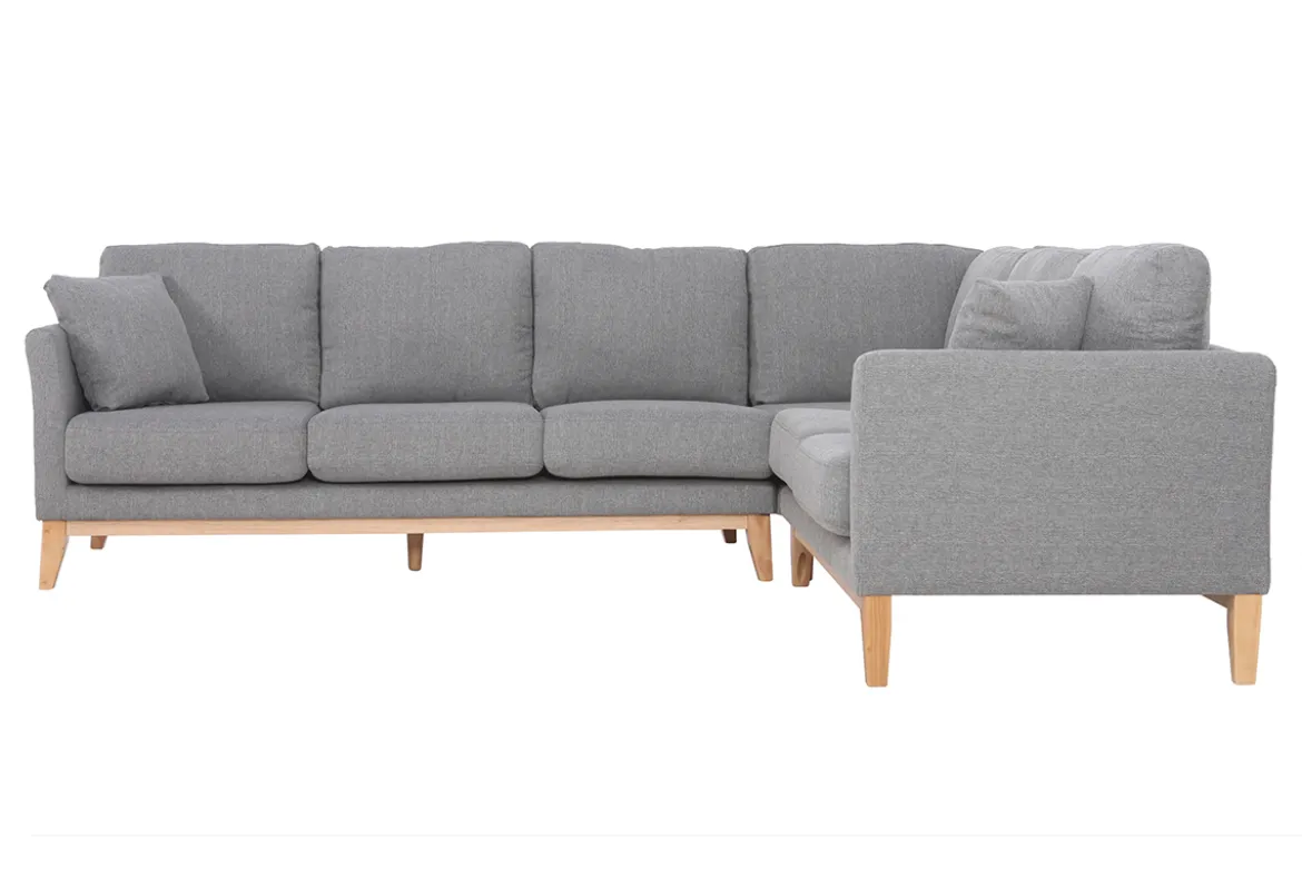Canapé d'angle déhoussable scandinave 5-6 places en tissu gris clair et bois clair OSLO