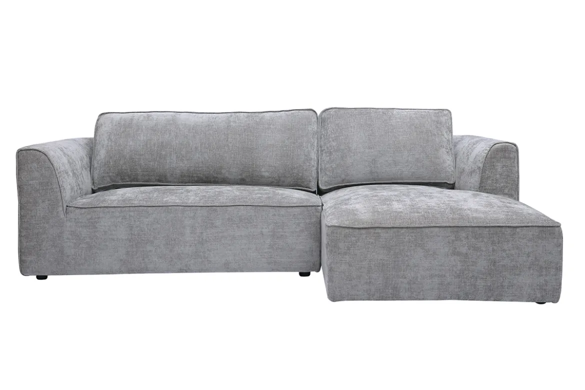 Canapé d'angle droit design en tissu effet velours texturé gris 3 places GRAMMY