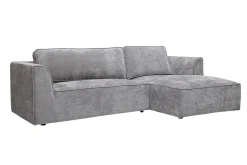 Canapé d'angle droit design en tissu effet velours texturé gris 3 places GRAMMY