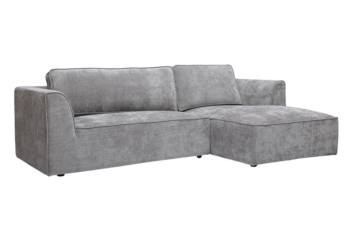 Canapé d'angle droit design en tissu effet velours texturé gris 3 places GRAMMY