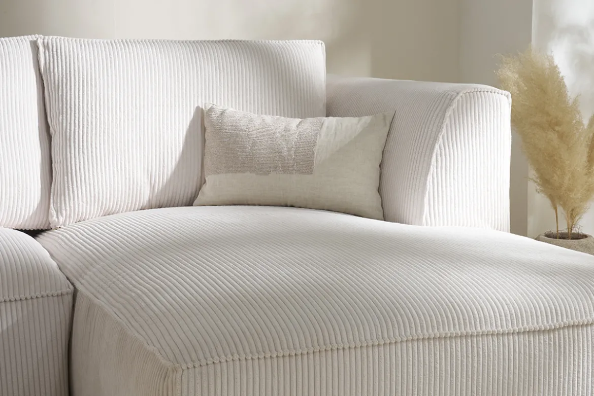 Canapé d'angle droit design en tissu velours côtelé écru 3-4 places PANAM