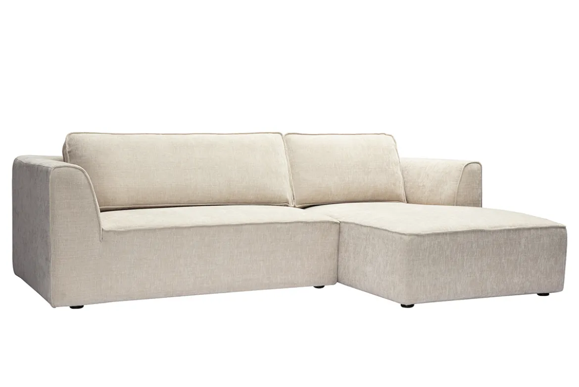 Canapé d'angle droit design en tissu effet velours texturé beige 3 places GRAMMY