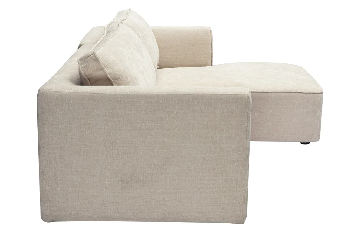 Canapé d'angle droit design en tissu effet velours texturé beige 3 places GRAMMY