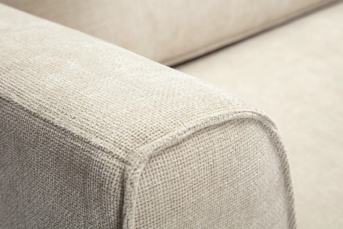 Canapé d'angle droit design en tissu effet velours texturé beige 3 places GRAMMY