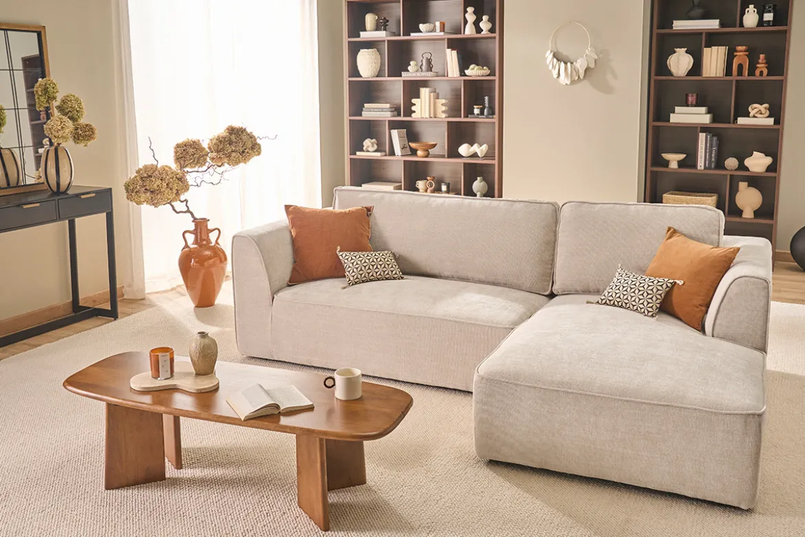 Canapé d'angle droit design en tissu effet velours texturé beige 3 places GRAMMY