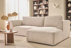 Canapé d'angle droit design en tissu effet velours texturé beige 3 places GRAMMY