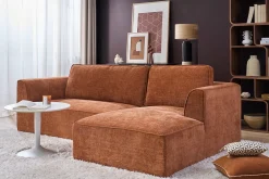 Canapé d'angle droit design en tissu effet velours texturé terre brûlée 3 places GRAMMY