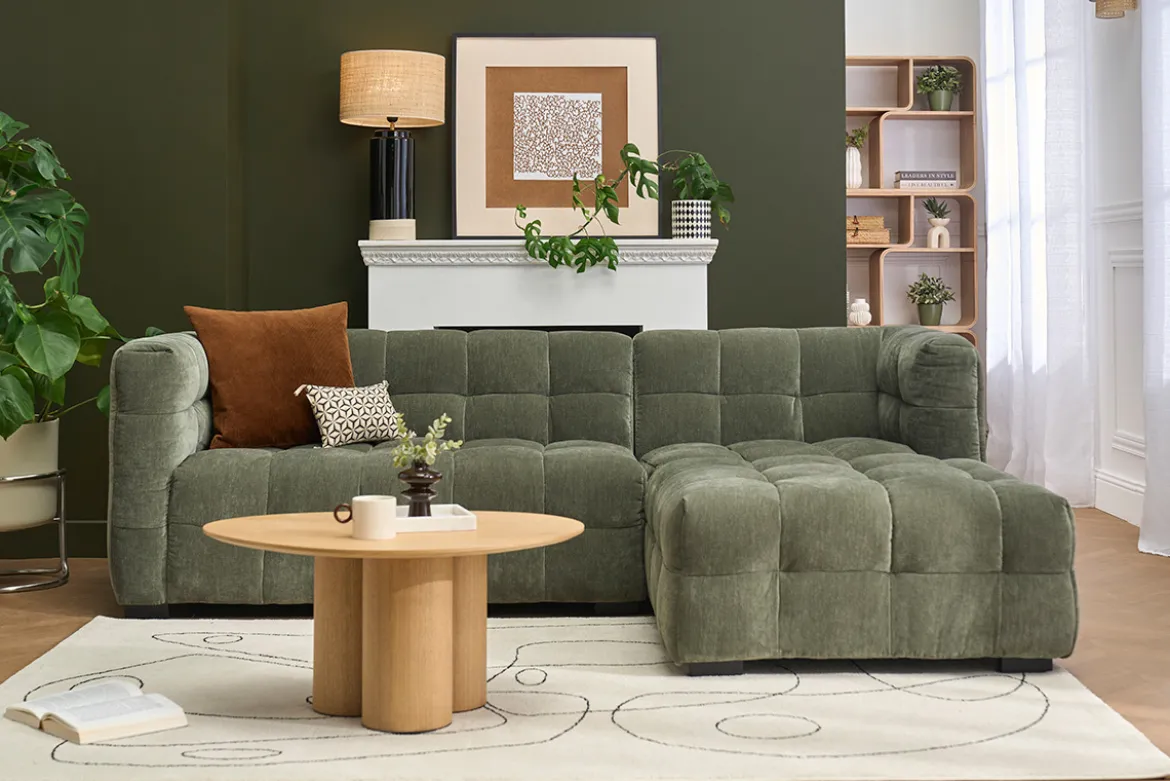 Canapé d'angle droit design 3 places en tissu effet velours vert kaki CORTO