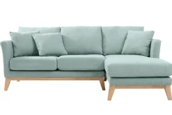 Canapé d'angle droit déhoussable scandinave 4 places en tissu vert lagon et bois clair OSLO