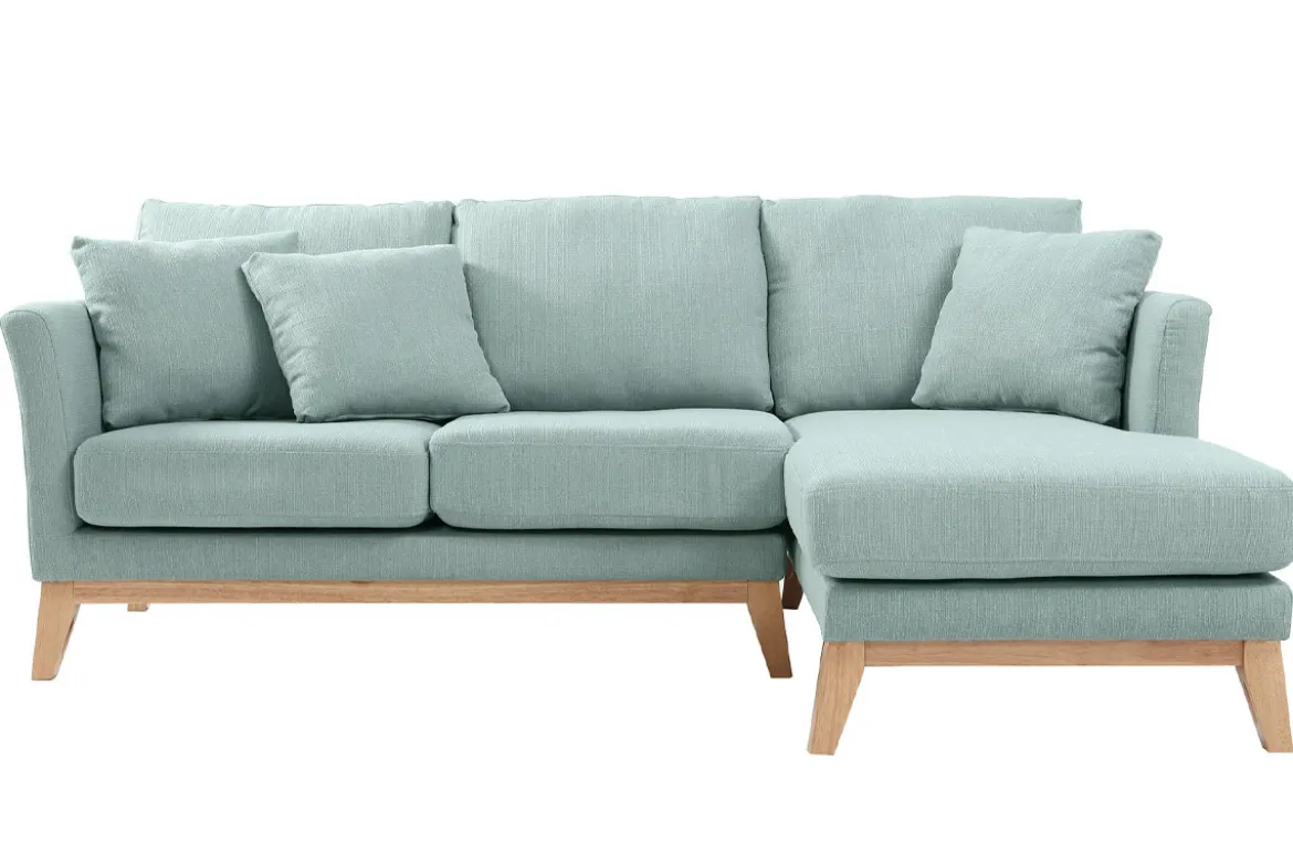 Canapé d'angle droit déhoussable scandinave 4 places en tissu vert lagon et bois clair OSLO