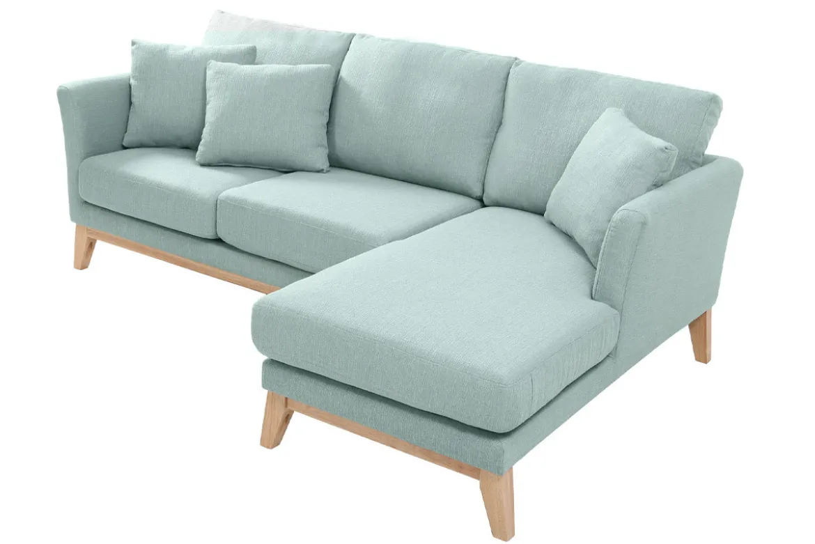 Canapé d'angle droit déhoussable scandinave 4 places en tissu vert lagon et bois clair OSLO