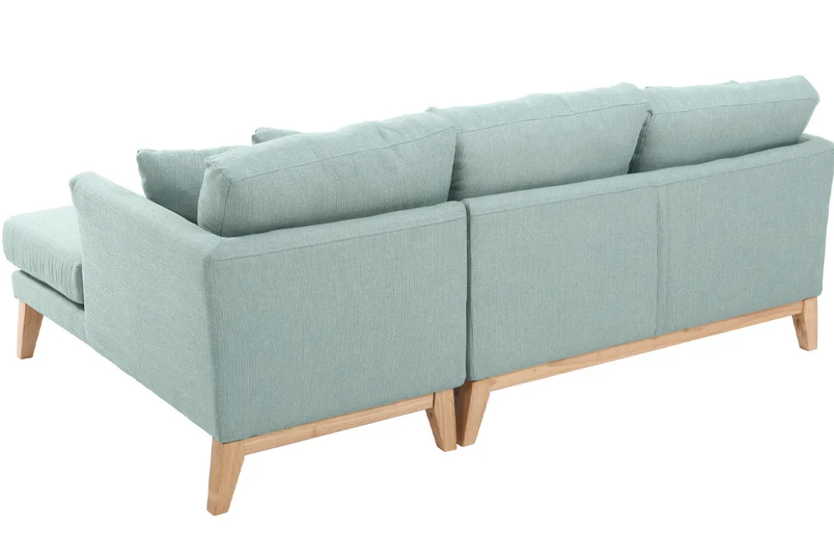 Canapé d'angle droit déhoussable scandinave 4 places en tissu vert lagon et bois clair OSLO