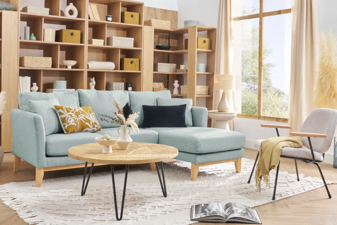 Canapé d'angle droit déhoussable scandinave 4 places en tissu vert lagon et bois clair OSLO
