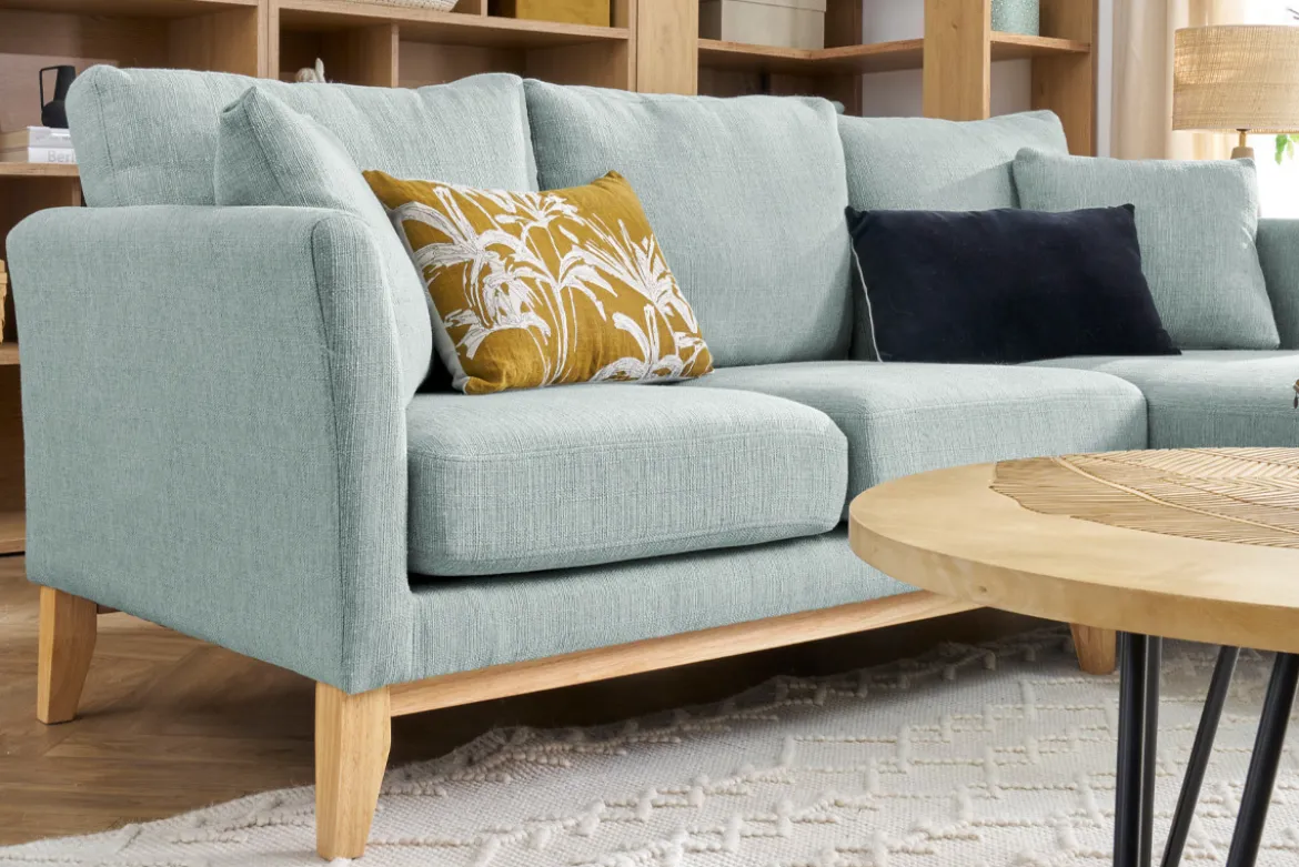 Canapé d'angle droit déhoussable scandinave 4 places en tissu vert lagon et bois clair OSLO