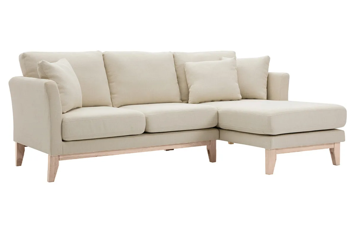 Canapé d'angle droit déhoussable 4 places en tissu beige et bois clair OSLO