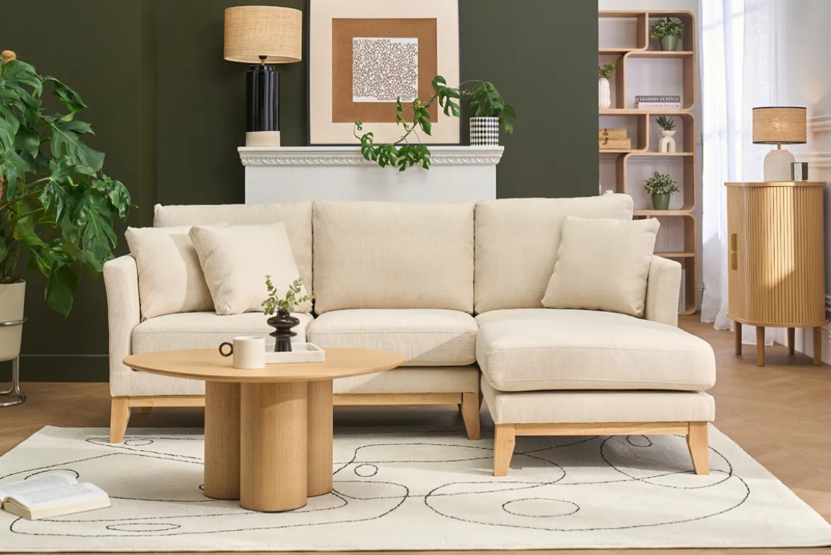 Canapé d'angle droit déhoussable 4 places en tissu beige et bois clair OSLO