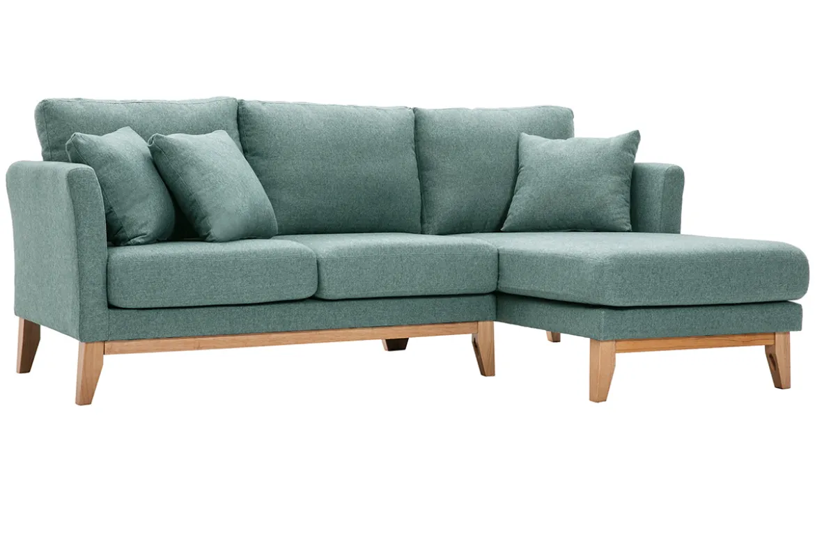 Canapé d'angle droit déhoussable scandinave 4 places en tissu vert de gris et bois clair OSLO