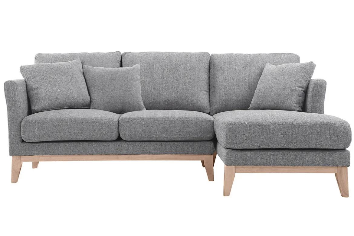 Canapé d'angle droit déhoussable scandinave 4 places en tissu gris clair et bois clair OSLO