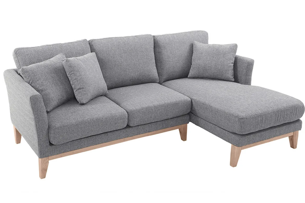 Canapé d'angle droit déhoussable scandinave 4 places en tissu gris clair et bois clair OSLO
