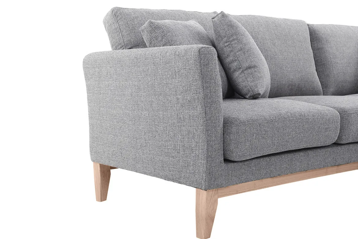 Canapé d'angle droit déhoussable scandinave 4 places en tissu gris clair et bois clair OSLO