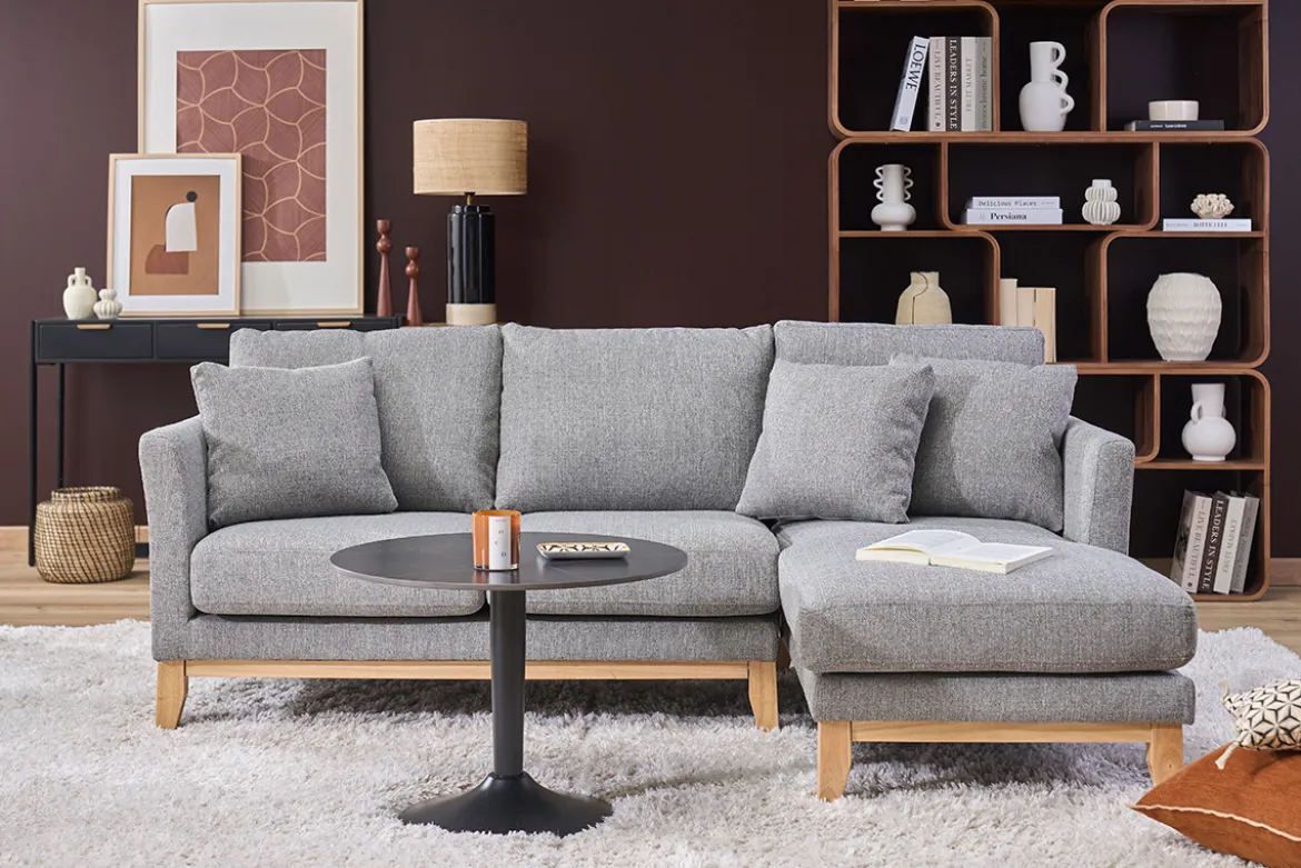 Canapé d'angle droit déhoussable scandinave 4 places en tissu gris clair et bois clair OSLO