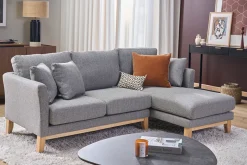 Canapé d'angle droit déhoussable scandinave 4 places en tissu gris clair et bois clair OSLO
