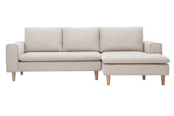 Canapé d'angle droit en tissu effet velours texturé beige et bois clair RAGNAR