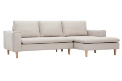 Canapé d'angle droit en tissu effet velours texturé beige et bois clair RAGNAR