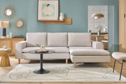 Canapé d'angle droit en tissu effet velours texturé beige et bois clair RAGNAR