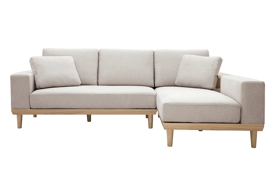 Canapé d'angle droit 5 places avec rangements en tissu effet velours texturé beige et bois clair KOMAO